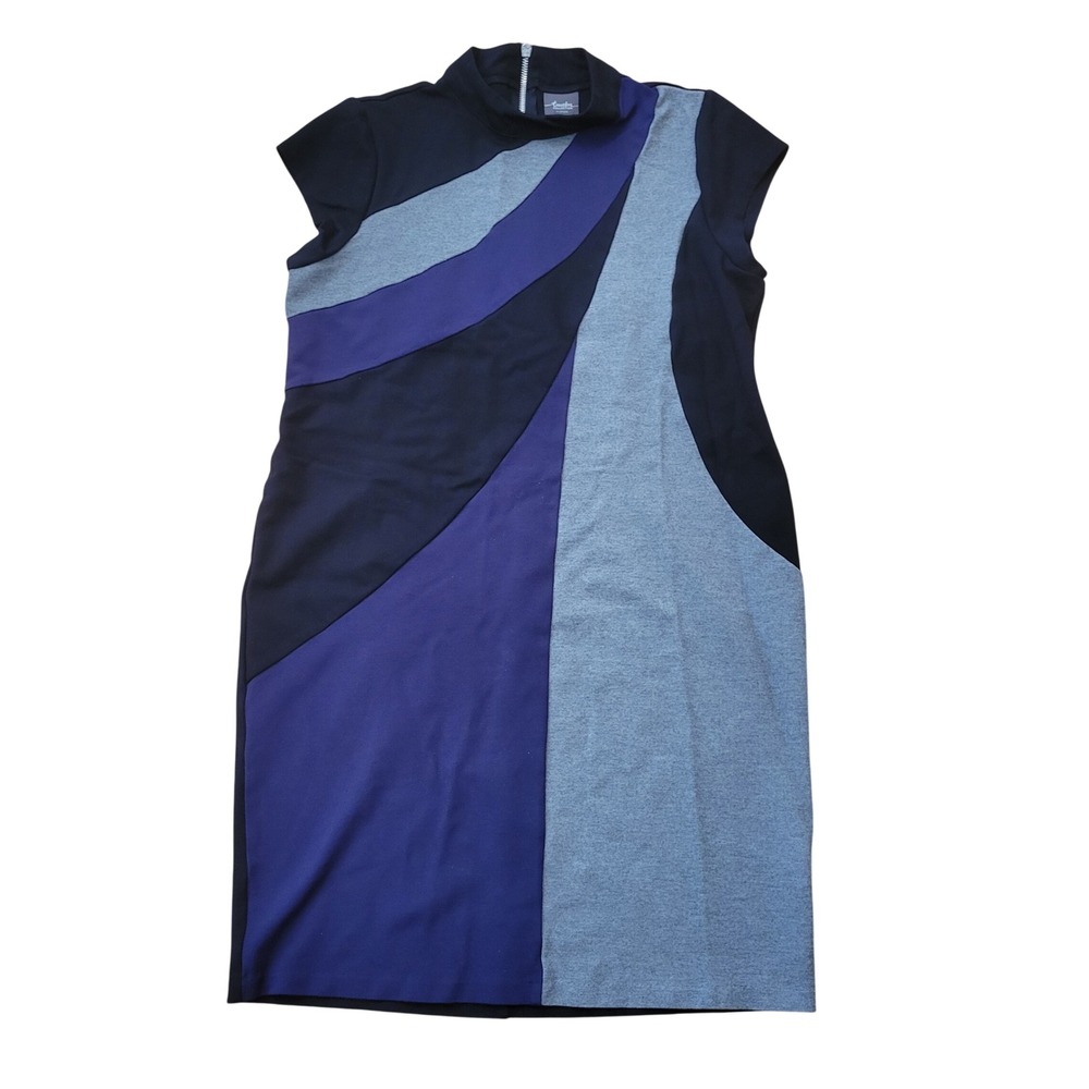 Chicos 1.5 Dress Black Purple Grey Colorblock Swirl Mock Neck M 10 Classic Twee